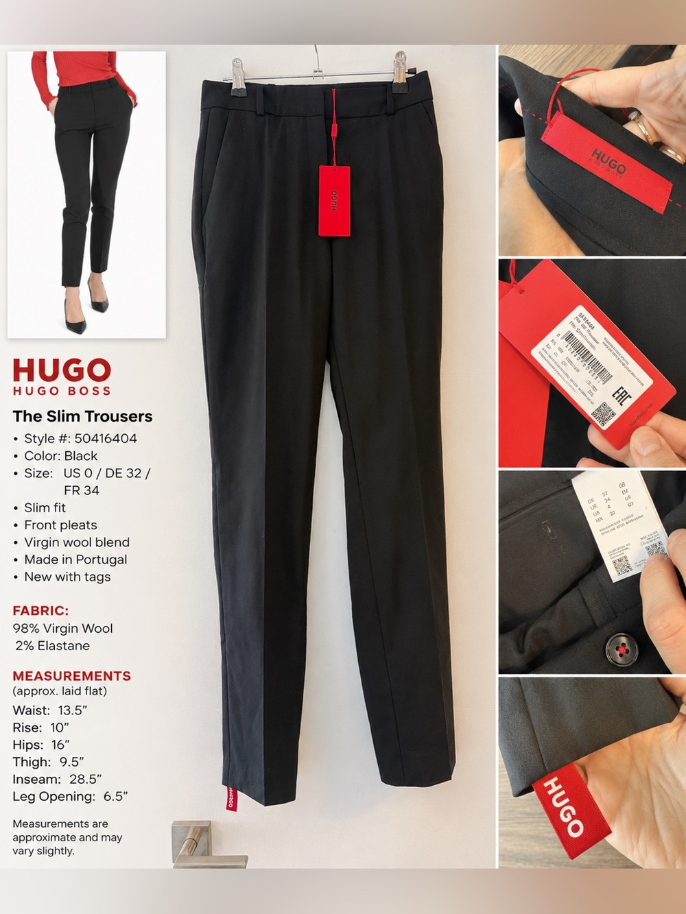 NWT HUGO by Hugo Boss The Slim Trousers Virgin Wool Blend Pants Black Size US 0